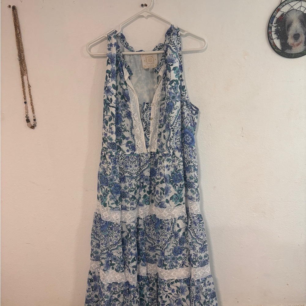 Johnny Was Blue and White Halter Maxi Sundress